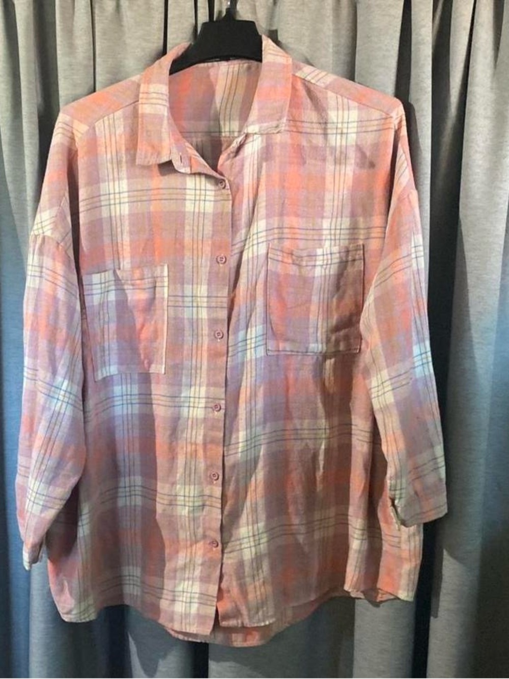 Nasty Gal Peach and Pink Plaid Button-Down Shirt